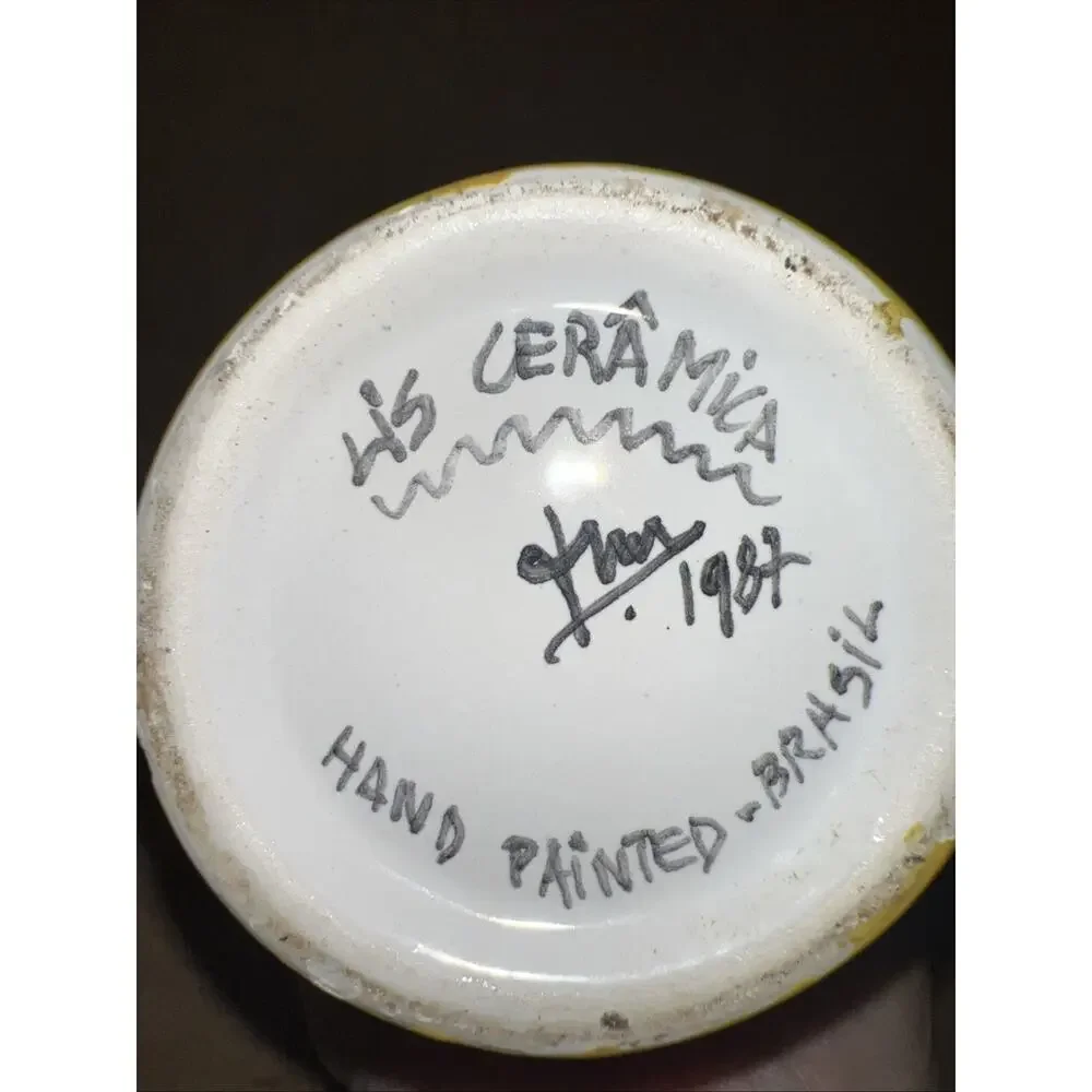Vintage 1987 HS‎ Ceramica Hand Painted Brazil Floral Bud Vase Yellow Purple 6.5